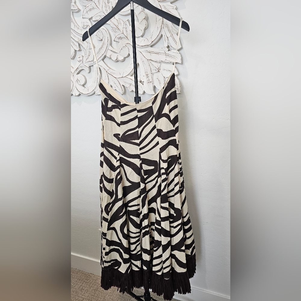 ANTONIO MELANI Beige/Brown Linen Print Maxi Dress w/Fringe Hem Womens Sz 10 2 Pc - Picture 6 of 11